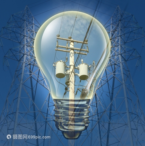 电线塔的力概念配有电的线塔有白炽灯泡强调电气设备是保护和环境的能源电力概念